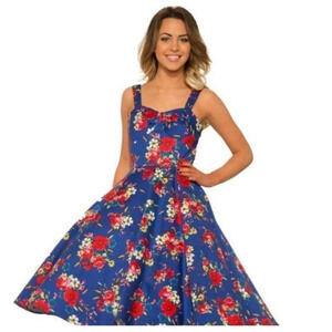 Hearts & Roses women dress 14 large pinup rockabilly 50s blue floral midi halter